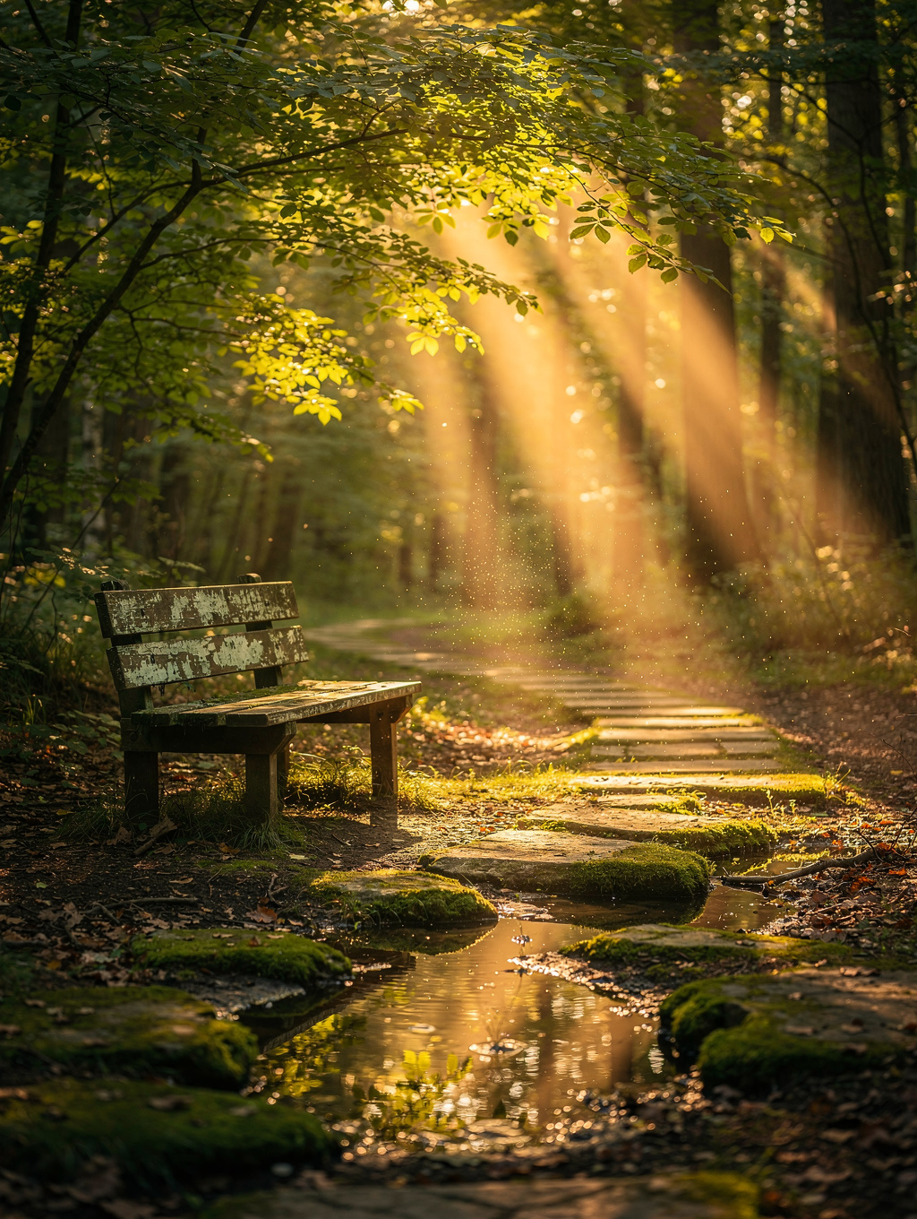 Golden hour light filtering through autumn forest canopy