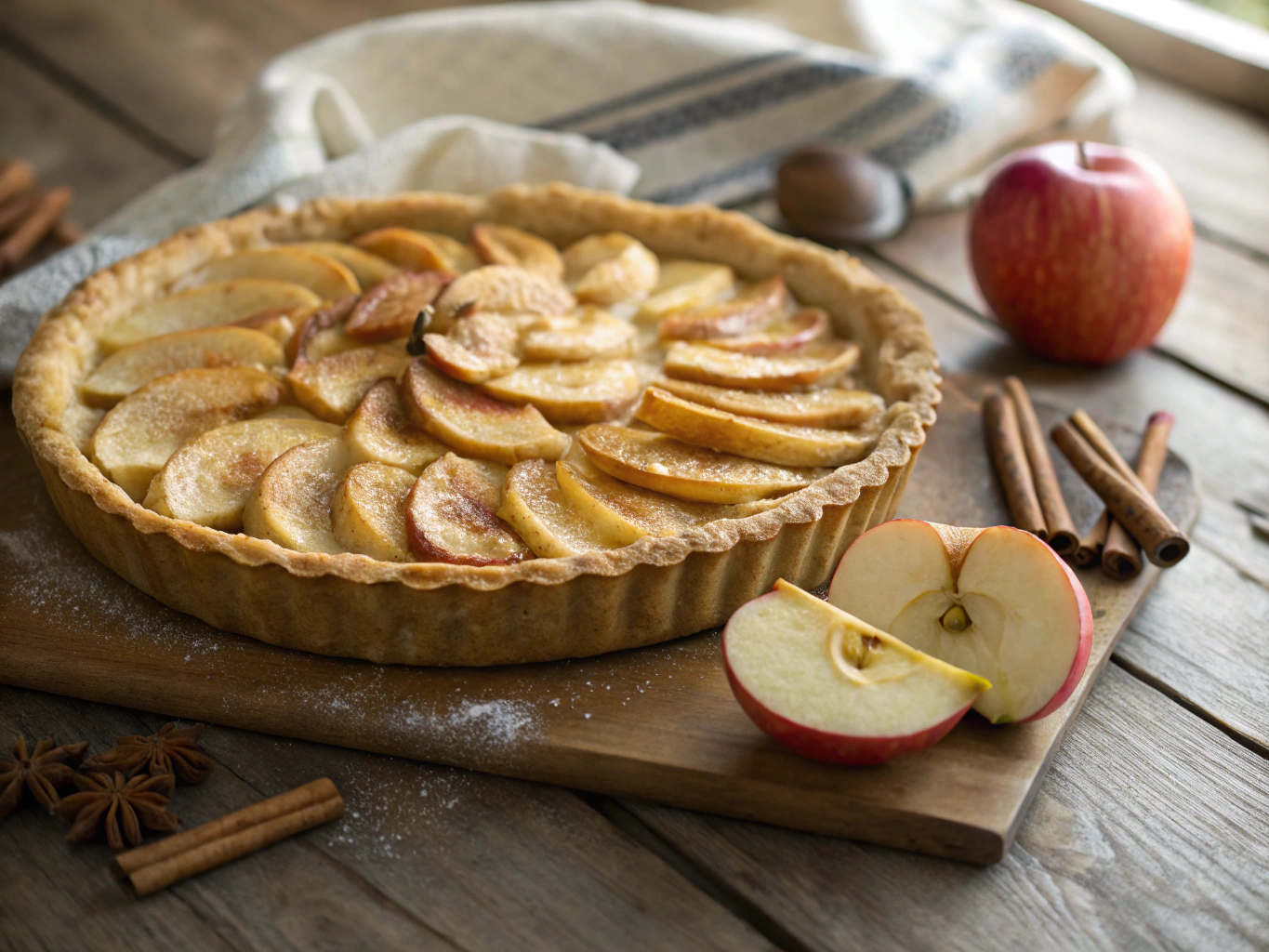 Freshly baked cinnamon apple pie on a rustic wooden table