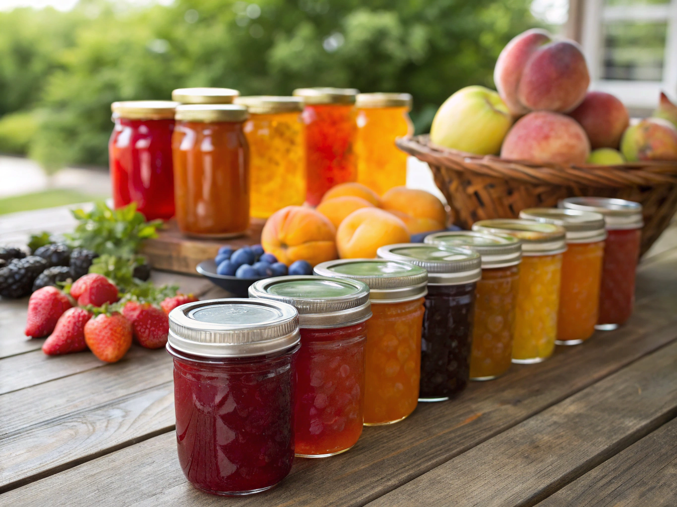 Glass jars of colorful fruit preserves on a pantry shelf
