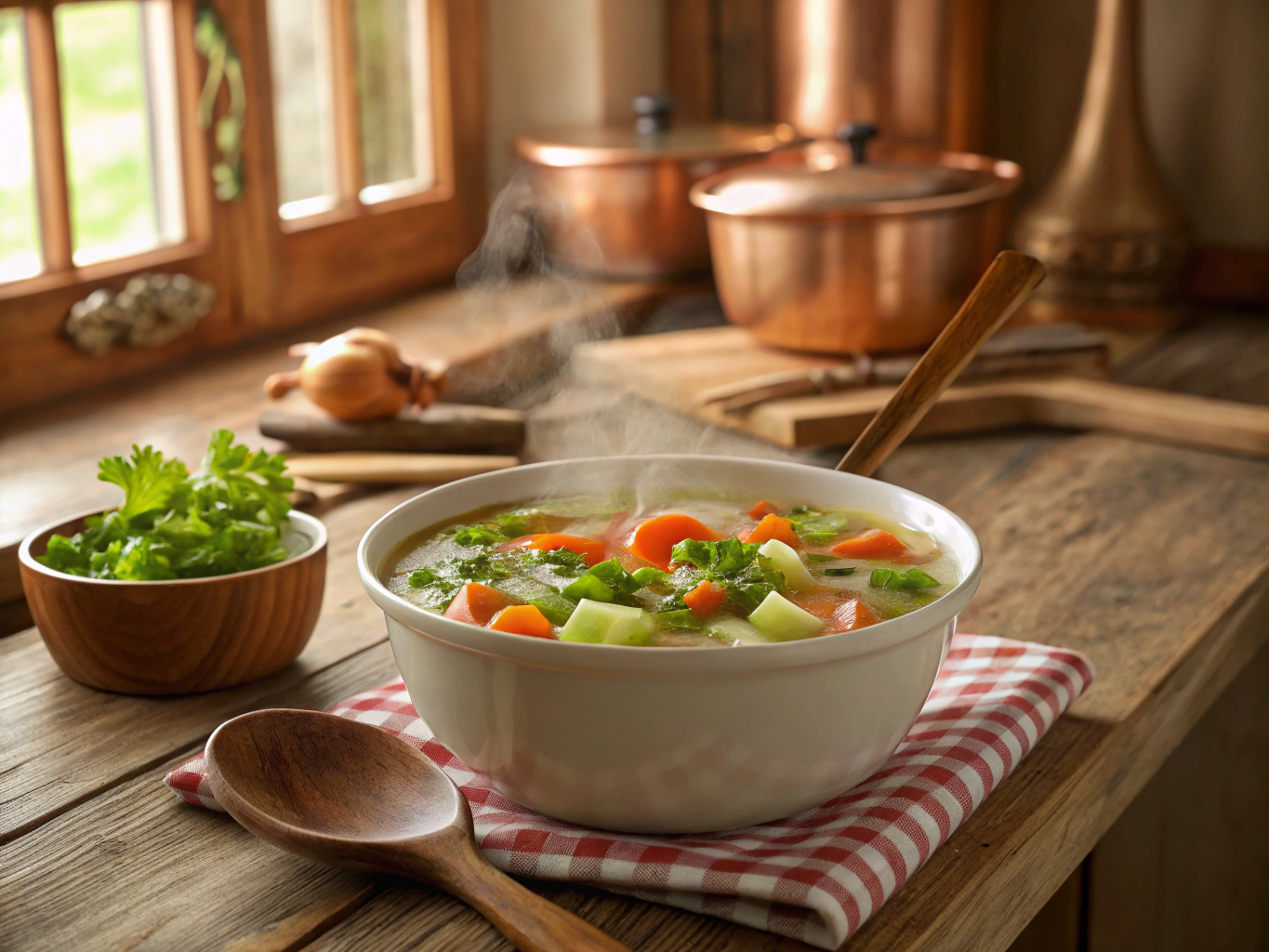 Bowl of steaming vegetable soup with fresh herbs
